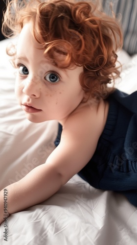 Adorable redheaded young boy with freckles and blue eyes looks pensively at the