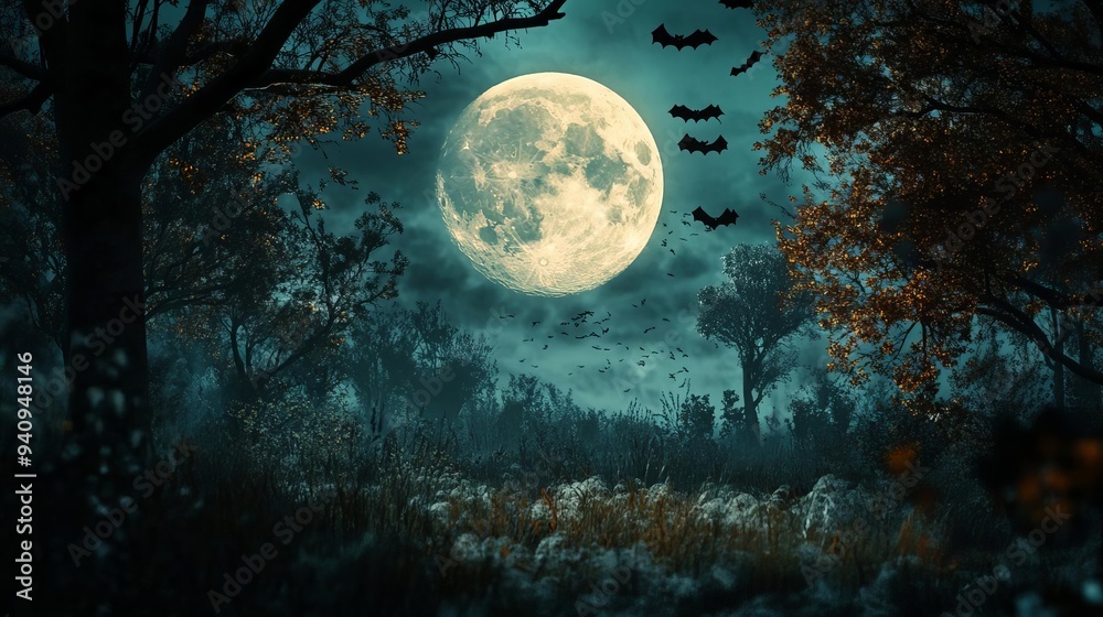 A full moon illuminating a creepy forest clearing with bats flying overhead A full moon illuminating a creepy forest clearing with bats flying overhead