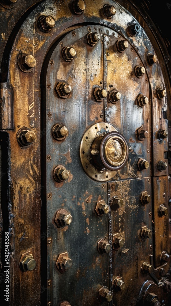 A weathered metal door with rust stains and a circular handle, surrounded by rusty bolts and nuts. The vintage look conveys mystery and durability, set against a dark background. A weathered metal door with rust stains and a circular handle, surrounded by rusty bolts and nuts. The vintage look conveys mystery and durability, set against a dark background.