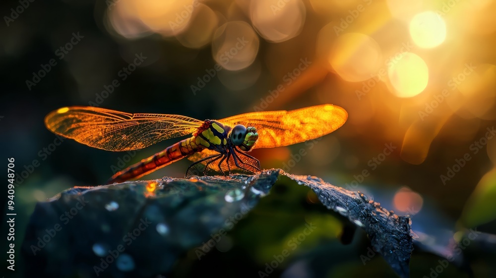 Naklejka premium A dragonfly up close on a leaf, sun rays filtering through the background trees