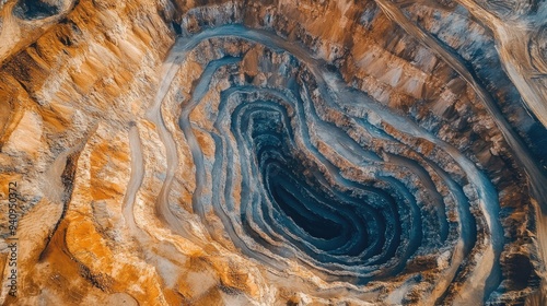 Aerial view of a vast copper mine, showcasing the massive scale and intricate patterns of the excavation.