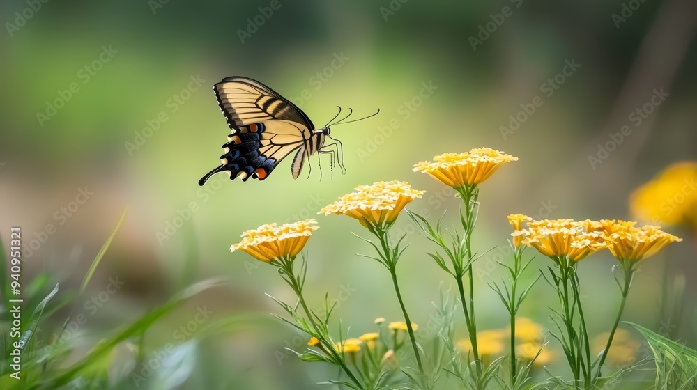 A yellow and black butterfly flies above a field of yellow and white flowers, surrounded by green and yellow vegetation A yellow and black butterfly flies above a field of yellow and white flowers, surrounded by green and yellow vegetation