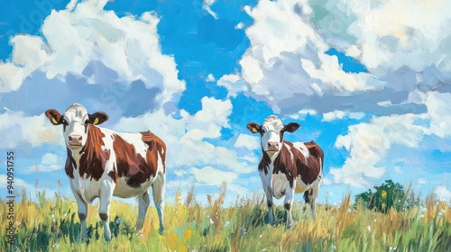 Two Cows in a Field with Blue Sky