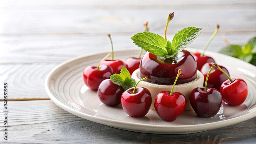 Charming and elegant cherry dessert on a plate , cherries, sweet, delicious, dessert, red, fruit, food, plate Charming and elegant cherry dessert on a plate , cherries, sweet, delicious, dessert, red, fruit, food, plate