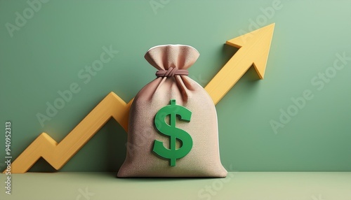 A money bag with a dollar sign, representing financial growth and investment success with a rising graph in the background.