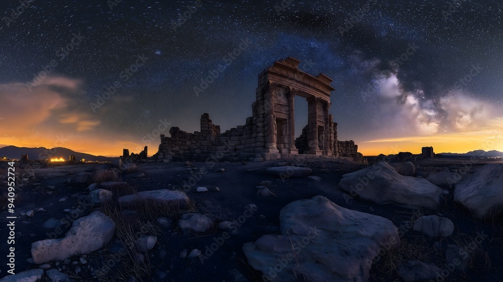 Fototapeta premium Ancient Ruins Under Starry Night Sky