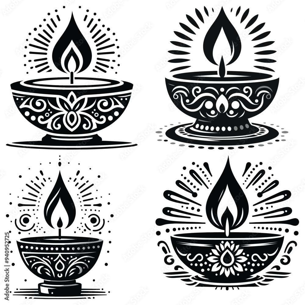 Decorative Diya vector illustration, black and white, intricate patterns, perfect festive decor Decorative Diya vector illustration, black and white, intricate patterns, perfect festive decor