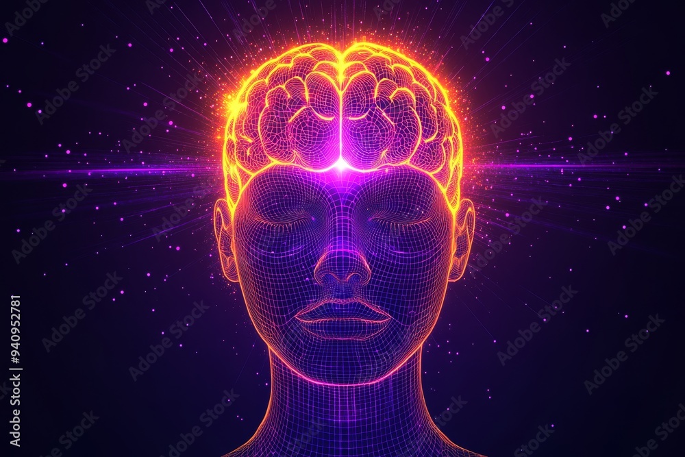 Neon Digital Portrait of a Woman with a Glowing Brain and Geometric Patterns: Representing Cognitive Thought Identity and the Intersection of Technology and Human Consciousness