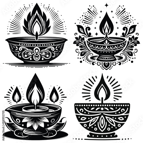 Decorative Diya Illustrations, Black and White, Symbolizing Light and Festivity, Perfect for Diwali Decor