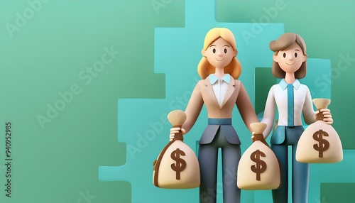 Two professional women holding money bags, representing financial success and empowerment in business and finance.