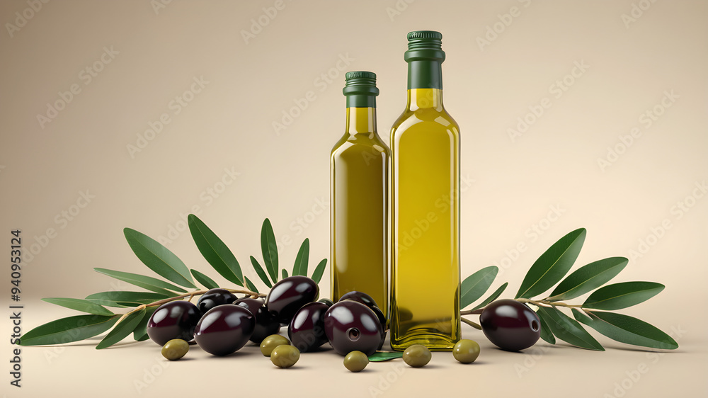 Organic olive oil bottle, with fresh olives and leaves, illustration Organic olive oil bottle, with fresh olives and leaves, illustration