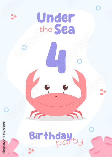 Ocean-themed kids' birthday invite. Charming fourth birthday greeting card featuring a red crab and light-colored pink corals.
