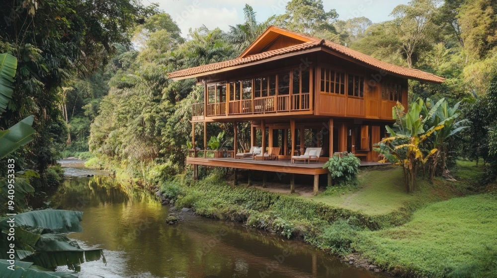 Cozy eco-house on banks of river, among the tropical forest Cozy eco-house on banks of river, among the tropical forest