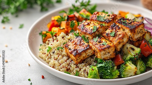 Low-calorie vegan meal with steamed vegetables quinoa and grilled tofu on a white plate top view high detail clean presentation realistic stock photo