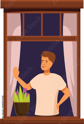 Young man is waving from his apartment window at night, greeting his neighbors during quarantine