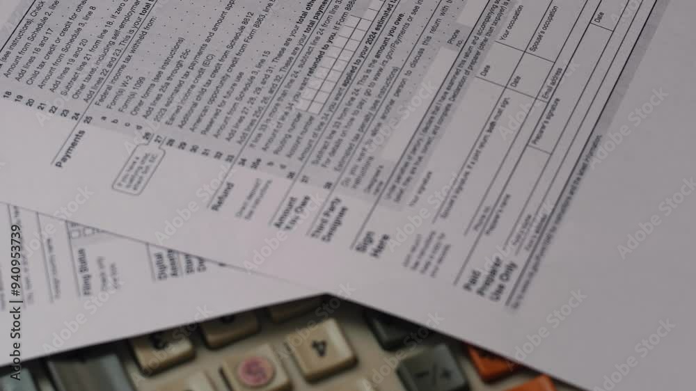 concept of paying personal taxes, tax return sheets 1040 and vintage push button calculator rotation close up, filing tax return concept of paying personal taxes, tax return sheets 1040 and vintage push button calculator rotation close up, filing tax return