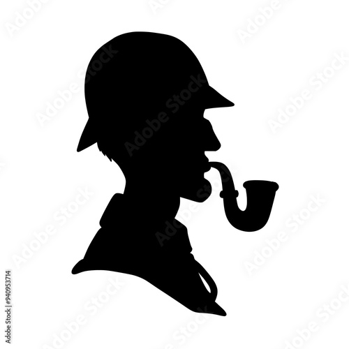 Side View Silhouette of a Detective with a Pipe Vector Art Illustration