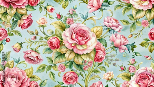 Wallpaper Mural Watercolor rococo rose floral seamless pattern, watercolor, rococo, rose, floral, seamless, pattern, vintage, elegant Torontodigital.ca