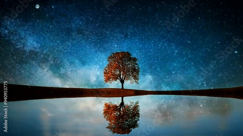 Celestial Reflection A Lone Tree Under the Night Sky photo