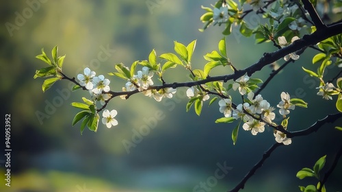  A tree branch displaying white flowers up front, background consisting of faint, blurred trees