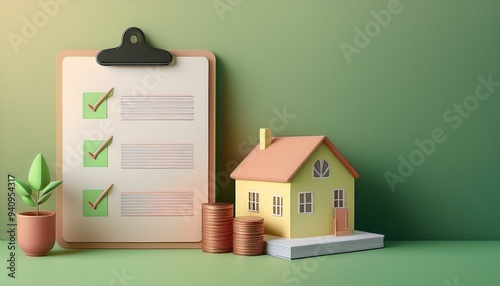 A checklist with green checks next to a model house and coins, symbolizing property investment and financial planning.