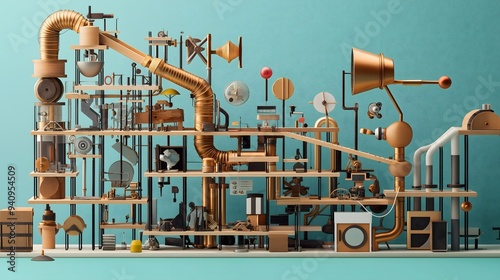 Complex Wooden Machine with Pipes and Gears