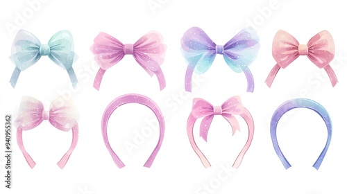 Cute accessories set clipart, pastel headbands, soft and cute, isolated on white background