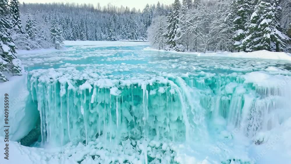 Stunning Winter Wonderland with Majestic Icy Waterfall in Snowy Forest. Concept of Frozen Nature, Winter Scenery, Snow-Covered Trees, and Cold Weather Landscape. Stunning Winter Wonderland with Majestic Icy Waterfall in Snowy Forest. Concept of Frozen Nature, Winter Scenery, Snow-Covered Trees, and Cold Weather Landscape.