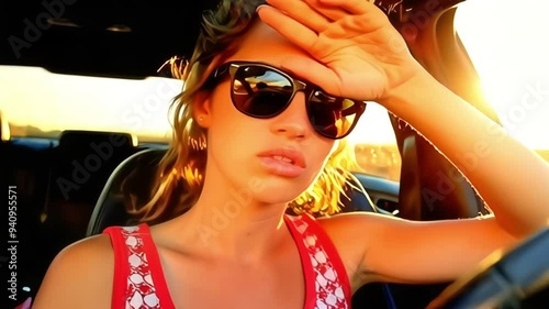 Young woman suffering from heat inside car with sunglasses on, struggling with high temperature and lack of air conditioning on a hot sunny day