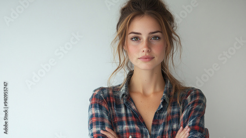 European woman in plaid shirt standing on white background