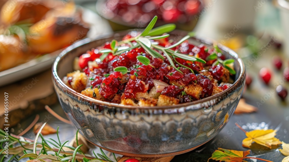 Delicious bowl of Thanksgiving stuffing topped with cranberry sauce and rosemary, perfect for holiday feasts and celebrations. Delicious bowl of Thanksgiving stuffing topped with cranberry sauce and rosemary, perfect for holiday feasts and celebrations.