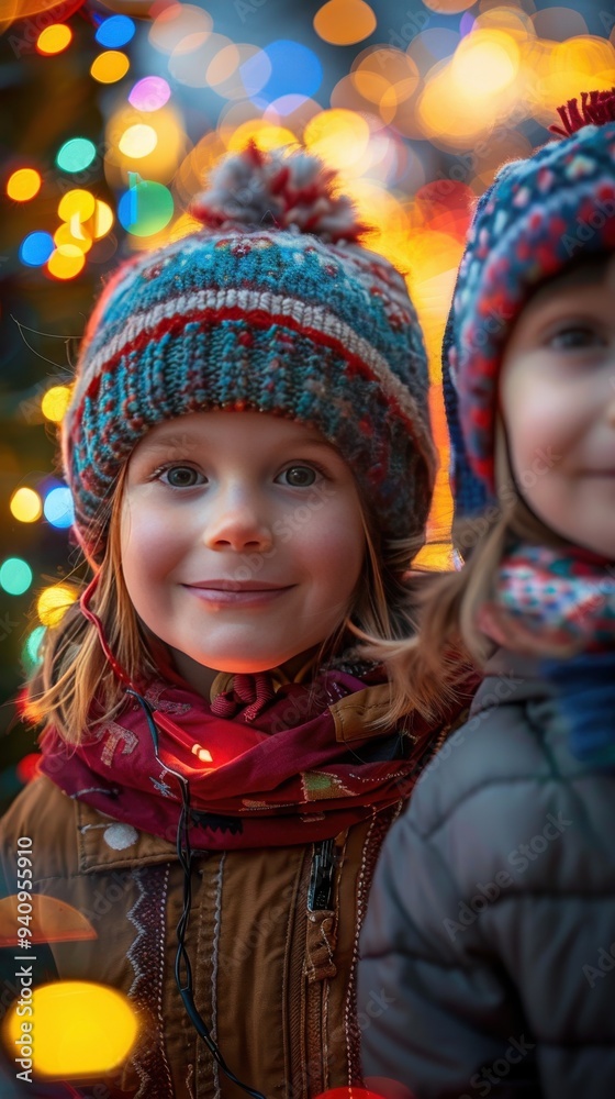Joyful kids in winter attire enjoying festive lights, capturing the magic of the holiday season with happy smiles and colorful backgrounds. Joyful kids in winter attire enjoying festive lights, capturing the magic of the holiday season with happy smiles and colorful backgrounds.
