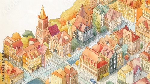 Wallpaper Mural Charming European Town in Autumn, Isometric View Torontodigital.ca
