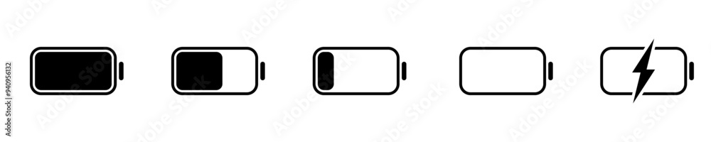 Battery icons set of black color on isolated background. Battery charge icon. Vectore. Battery icons set of black color on isolated background. Battery charge icon. Vectore.