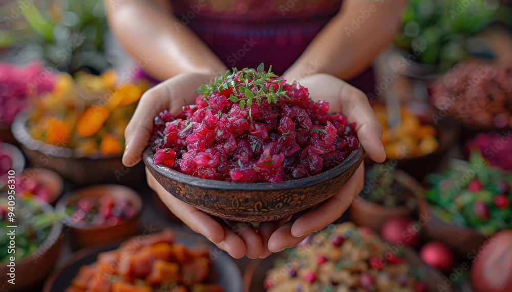 Hands holding a bowl of vibrant beetroot salad, surrounded by a variety of colorful, fresh ingredients on a rustic table. Hands holding a bowl of vibrant beetroot salad, surrounded by a variety of colorful, fresh ingredients on a rustic table.