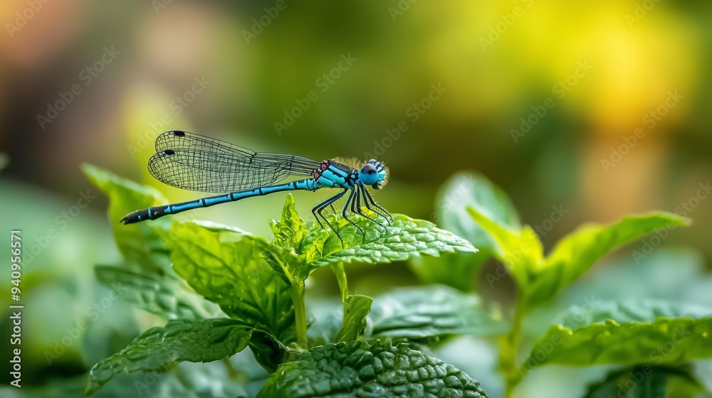A blue-black dragonfly perches on a green leafy plant Surrounding background consists of lush green leaves A blue-black dragonfly perches on a green leafy plant Surrounding background consists of lush green leaves