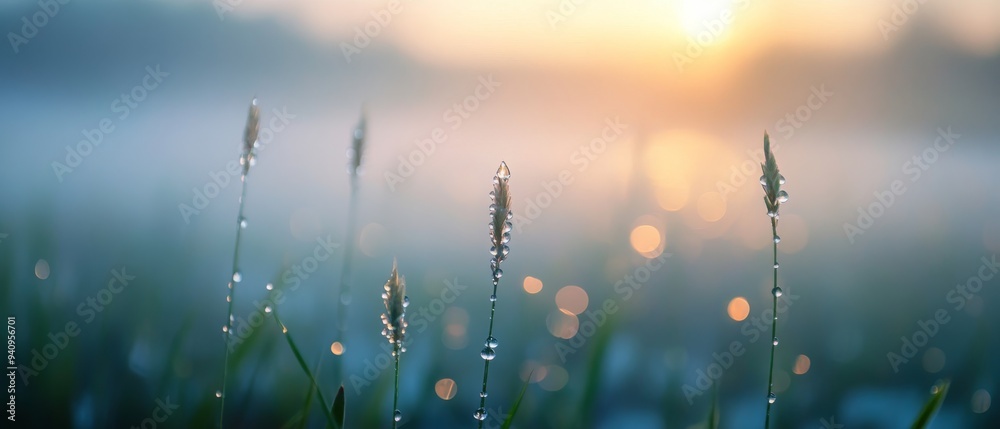 A serene scene of dew covered grass in the early morning A serene scene of dew covered grass in the early morning