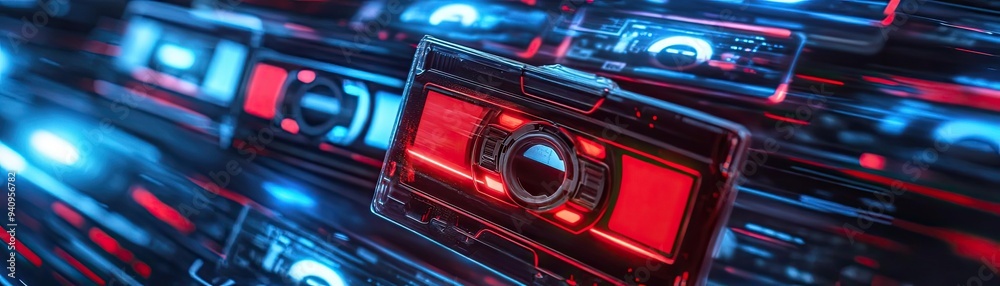 Futuristic digital design featuring vibrant holographic visuals with a retro video cassette theme, perfect for technology concepts. Futuristic digital design featuring vibrant holographic visuals with a retro video cassette theme, perfect for technology concepts.