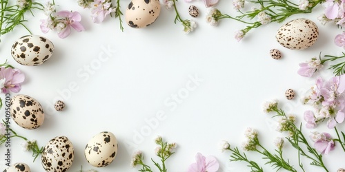 Elegant Easter Composition: Quail Eggs and Spring Flowers on White Background. Minimalist Holiday Concept with Copy Space. Stylish Seasonal Marketing Template for Web Design, Advertisements, and Promo photo