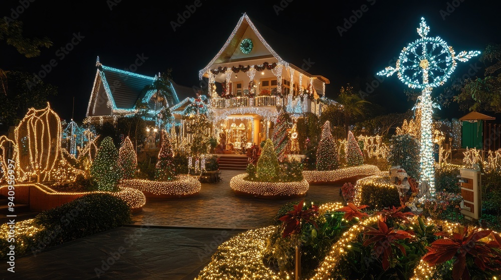 Fototapeta premium Christmas at Baan Sukhawadee in Pattaya, with intricate light displays covering the house, creating a winter wonderland.