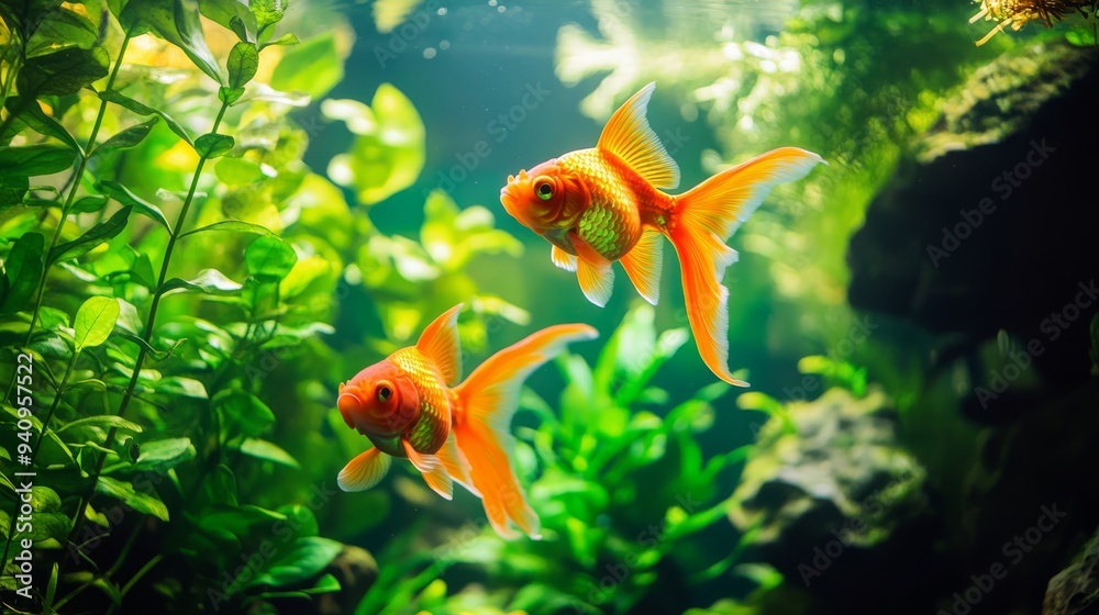 A beautiful fish tank aquarium with lush green plants and orange goldfish swimming among the water plants. A beautiful fish tank aquarium with lush green plants and orange goldfish swimming among the water plants.