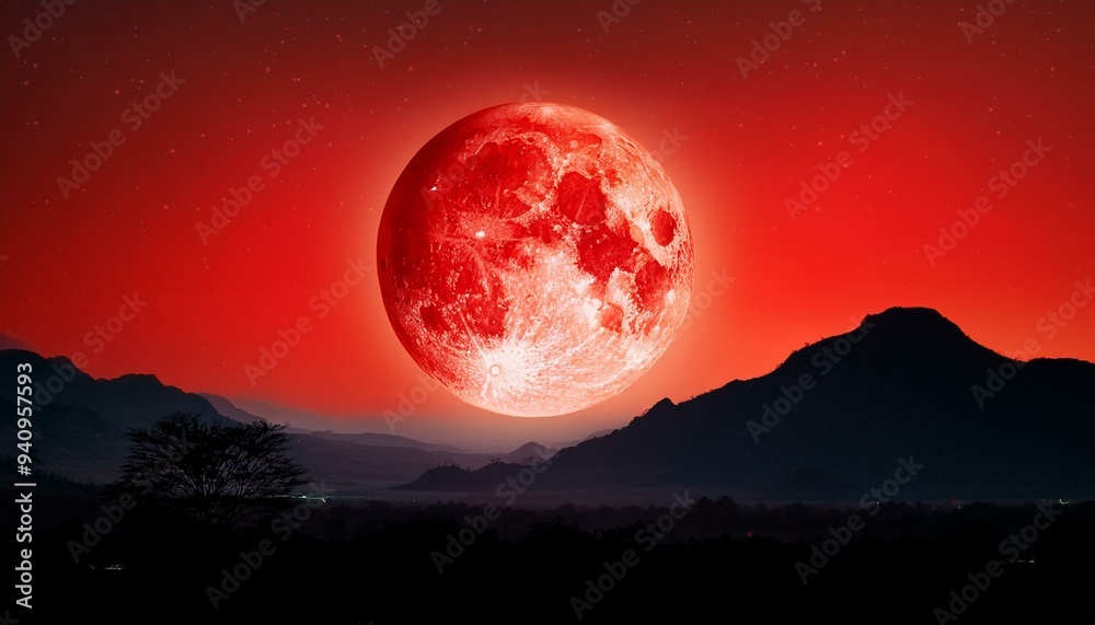 Full red moon at night with red sky and small mountains arround , scary view Full red moon at night with red sky and small mountains arround , scary view