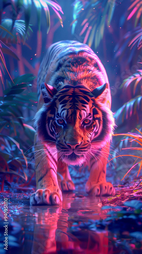 A futuristic 3D tiger in vivid colors prowling a neonlit jungle, side view, symbolizing a blend of nature and technology, cybernetic tone, vivid