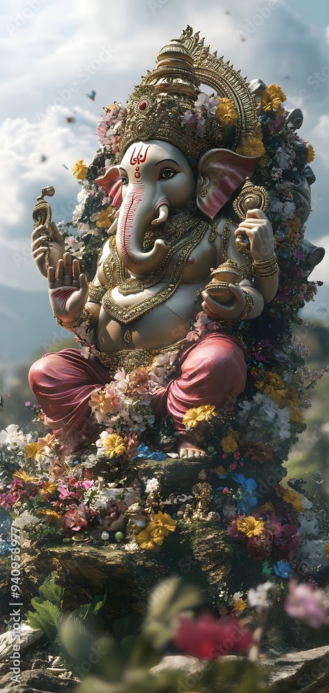 Fototapeta premium Beautiful statue of Ganesha as mobile wallpaper. A representation of knowledge, wealth, and divine blessings.