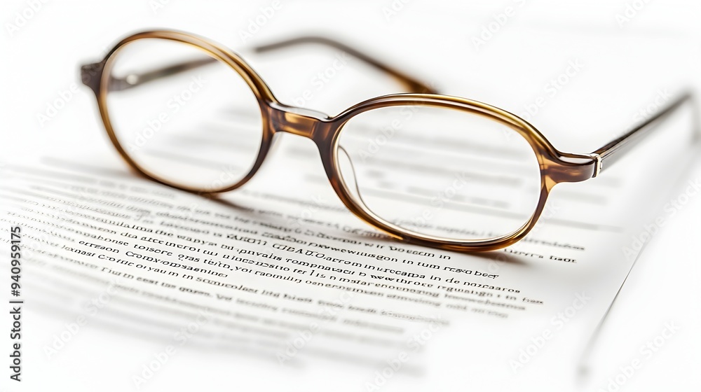 Closeup of a pair of eyeglasses resting on top of a legal or business contract isolated on a clean white background with ample space for text or copy Closeup of a pair of eyeglasses resting on top of a legal or business contract isolated on a clean white background with ample space for text or copy
