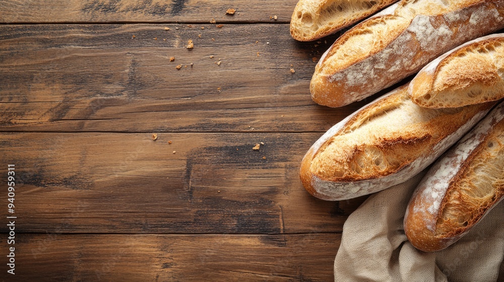 Traditional French baguette slices arranged on a wooden table with a simple, rustic background and space for text. Ideal for bakery promotions. Traditional French baguette slices arranged on a wooden table with a simple, rustic background and space for text. Ideal for bakery promotions.