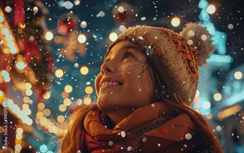 Children looking up in winter attire, mesmerized by colorful holiday lights, with snowflakes falling softly around them.