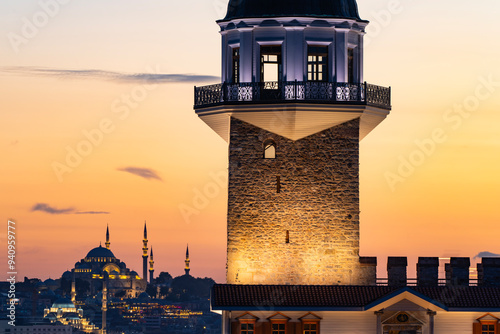 New Maiden's Tower (Kiz Kulesi) in the Sunset Time Drone Photo, Uskudar Istanbul, Turkiye (Turkey) photo