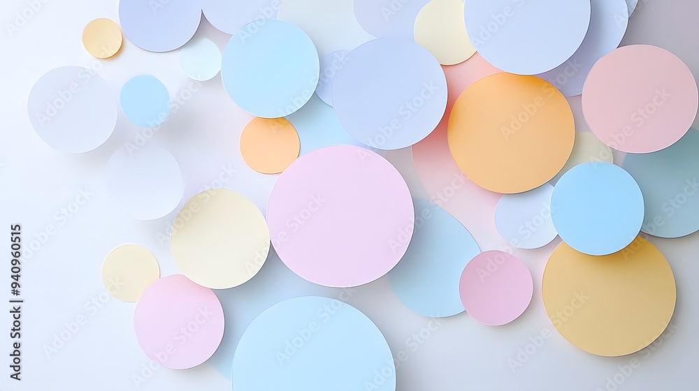 © Mr image - 56. Minimalist 3D wall art of floating circle paper cutouts in a soft pastel palette © Mr image - 56. Minimalist 3D wall art of floating circle paper cutouts in a soft pastel palette
