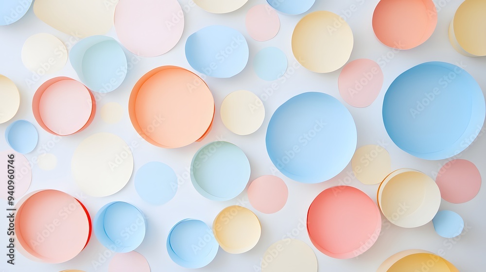 56. Minimalist 3D wall art of floating circle paper cutouts in a soft pastel palette 56. Minimalist 3D wall art of floating circle paper cutouts in a soft pastel palette
